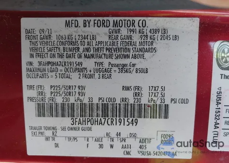 2012 Ford Fusion Se z USA, uszkodzony, nr VIN 3FAHP0HA7CR191549